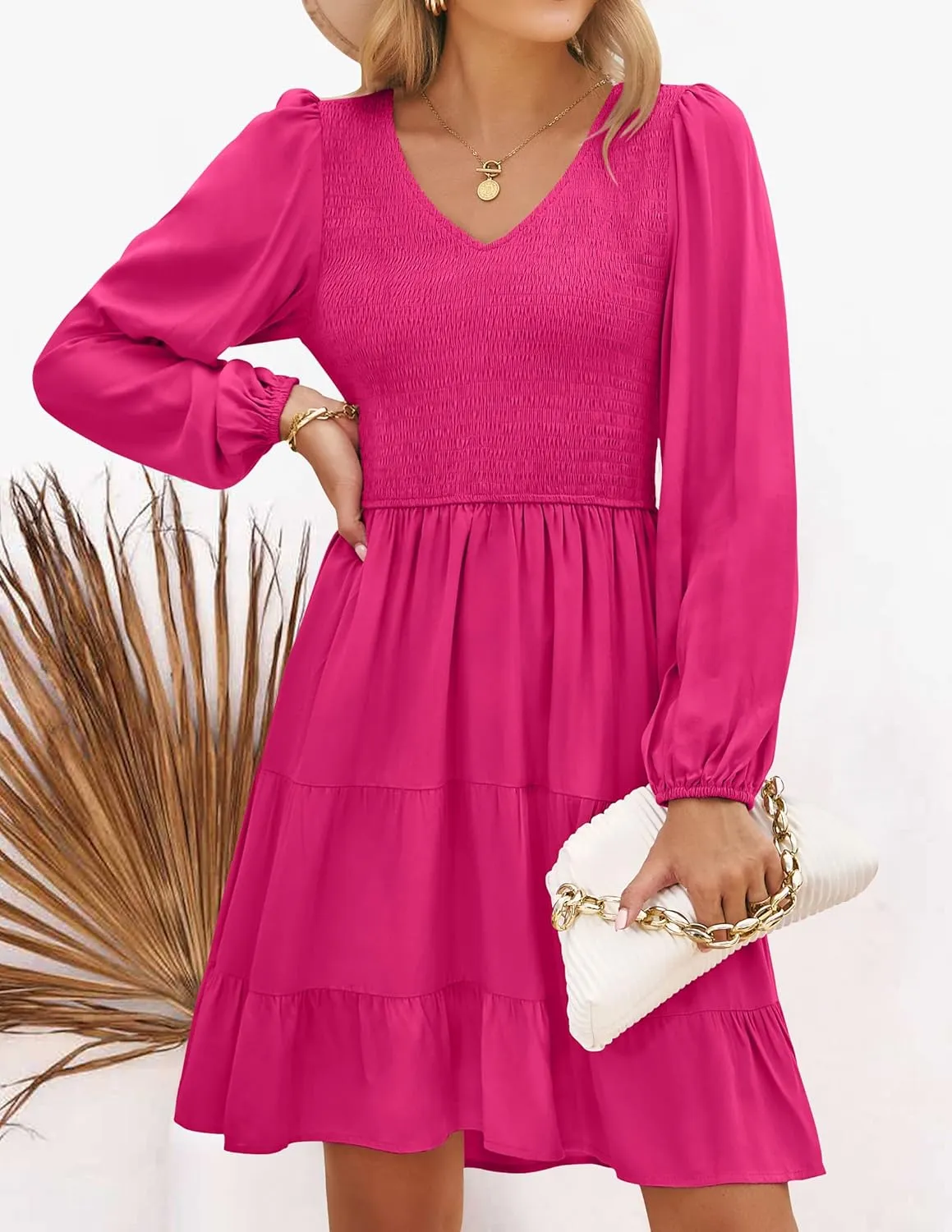 ZESICA Women's Casual V Neck Long Sleeve Smocked High Waist Ruffle A Line Tiered Mini Dress