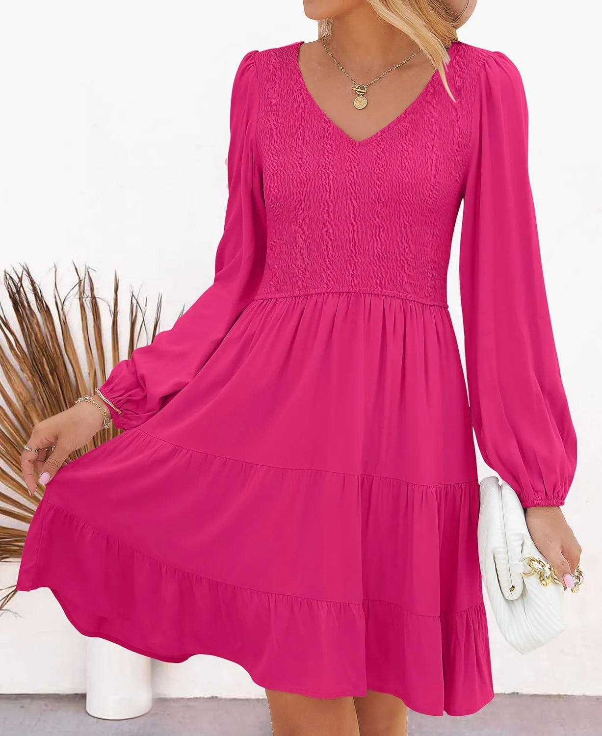 ZESICA Women's Casual V Neck Long Sleeve Smocked High Waist Ruffle A Line Tiered Mini Dress