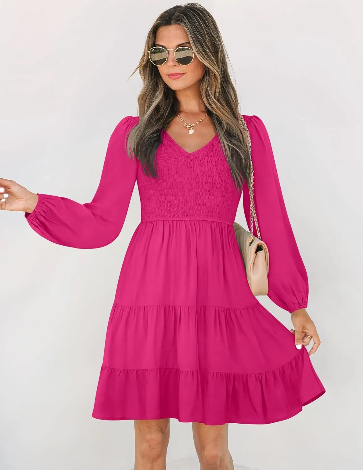 ZESICA Women's Casual V Neck Long Sleeve Smocked High Waist Ruffle A Line Tiered Mini Dress