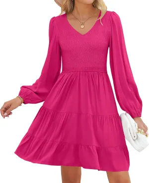 ZESICA Women's Casual V Neck Long Sleeve Smocked High Waist Ruffle A Line Tiered Mini Dress