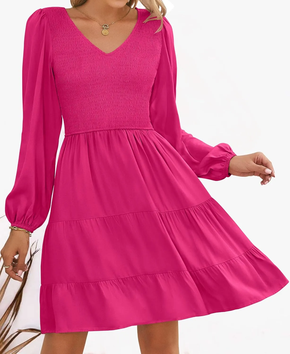 ZESICA Women's Casual V Neck Long Sleeve Smocked High Waist Ruffle A Line Tiered Mini Dress