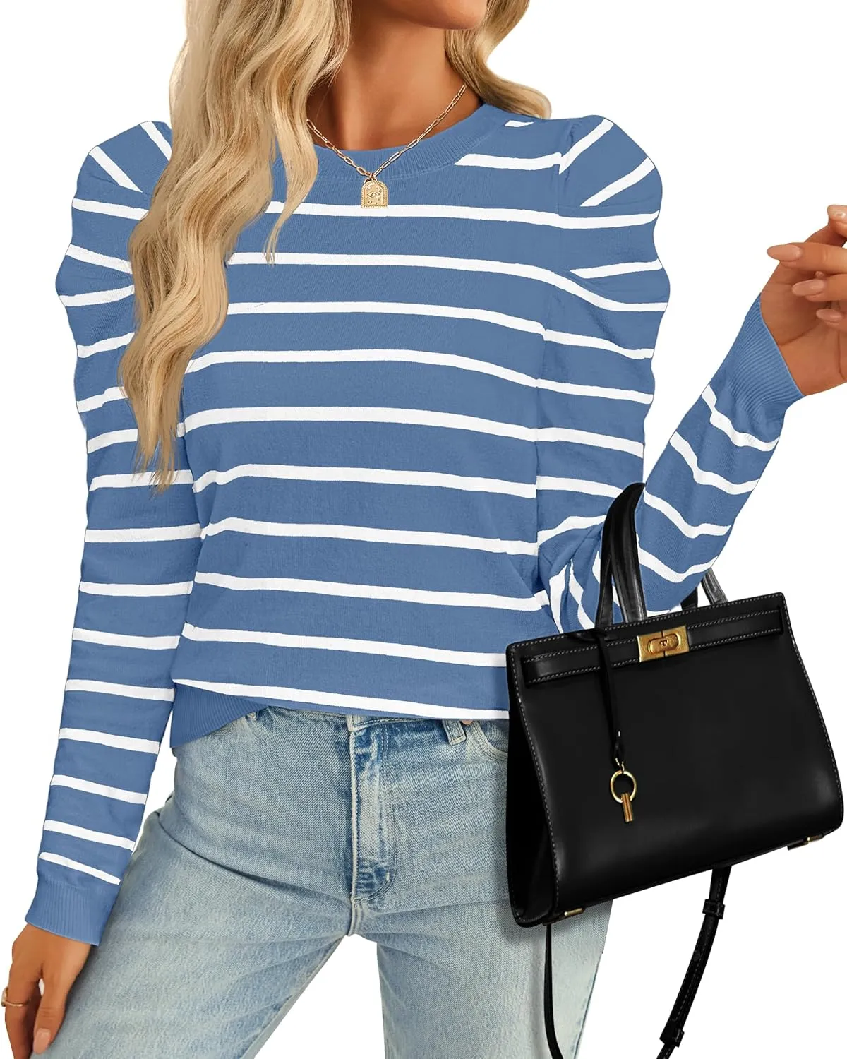 ZESICA Women's Striped Puff Long Sleeve Tops Fall Crewneck Ribbed Knit Casual Pullover Sweaters