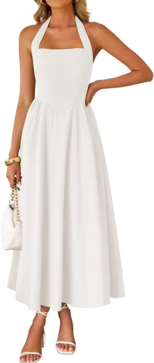 ZESICA Women's Summer Sleeveless Halter Midi Dress 2025 Off Shoulder High Waist Swing Flowy Beach Long Dresses
