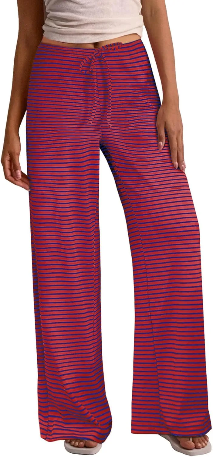 Zwurew Women's Striped Wide Leg Pants Drawstring Elastic Waist Knit Baggy Sweatpants with Pockets