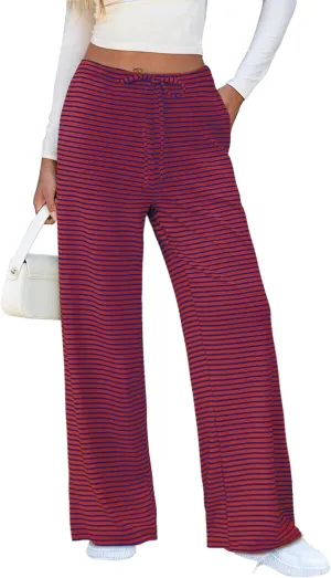 Zwurew Women's Striped Wide Leg Pants Drawstring Elastic Waist Knit Baggy Sweatpants with Pockets