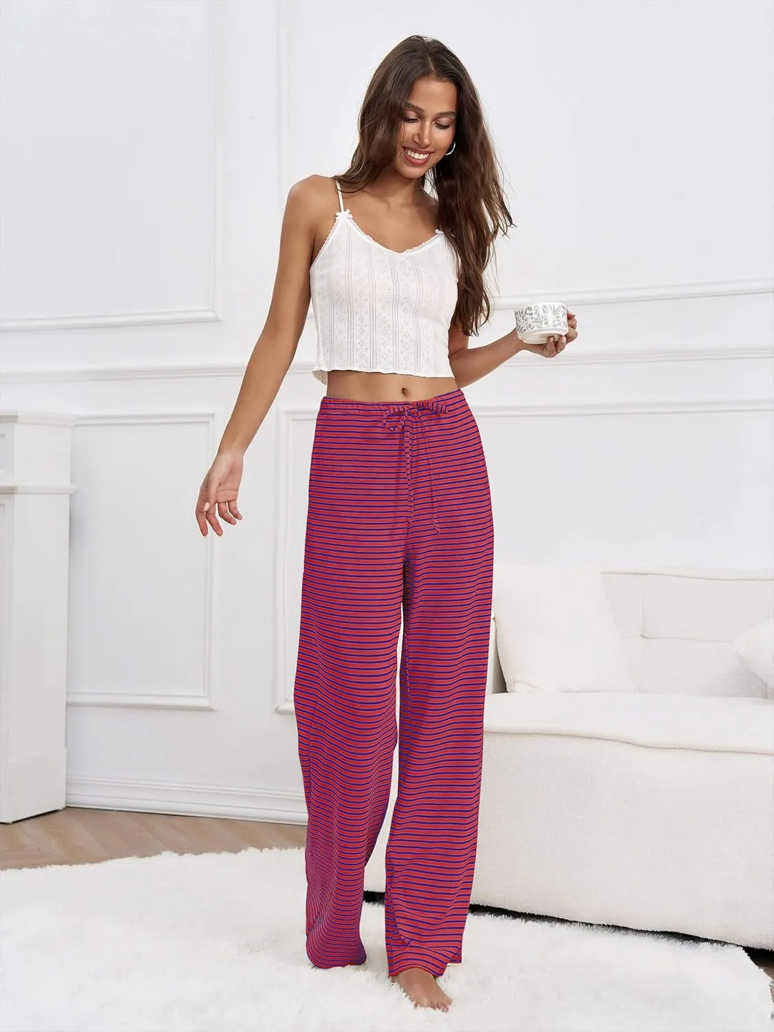 Zwurew Women's Striped Wide Leg Pants Drawstring Elastic Waist Knit Baggy Sweatpants with Pockets