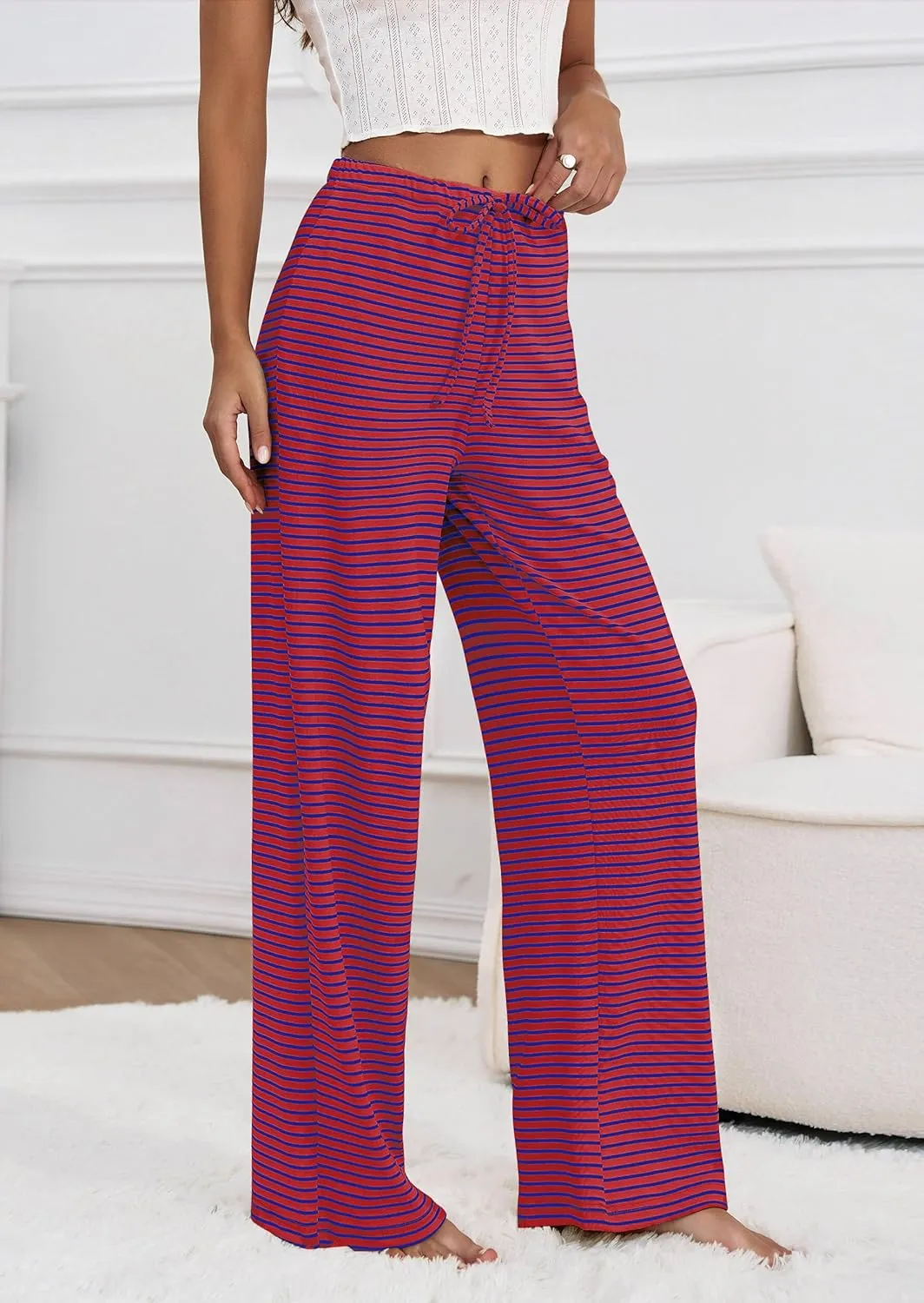 Zwurew Women's Striped Wide Leg Pants Drawstring Elastic Waist Knit Baggy Sweatpants with Pockets